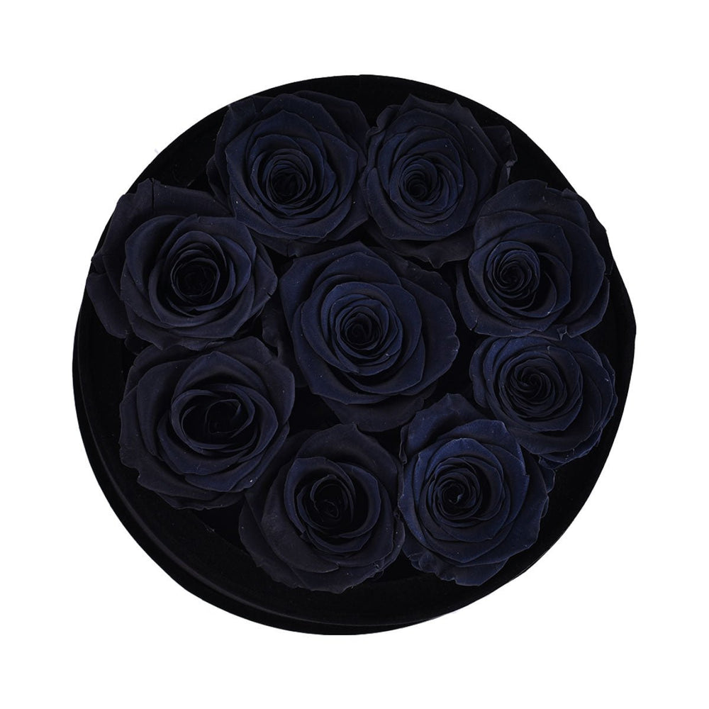 9 Black Roses - Black Round Velvet Box - Rose Forever