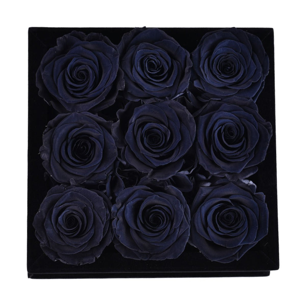 9 Black Roses - Black Square Velvet Box - Rose Forever