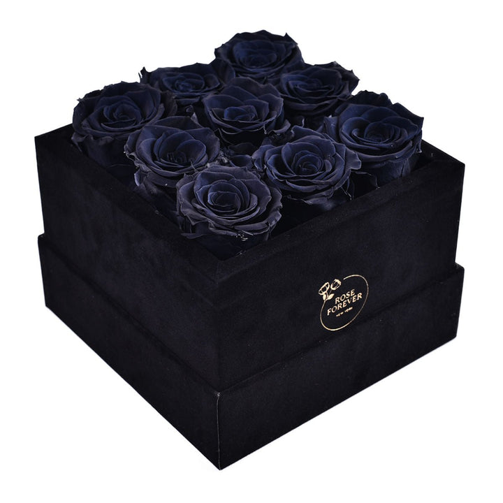 9 Black Roses - Black Square Velvet Box - Rose Forever