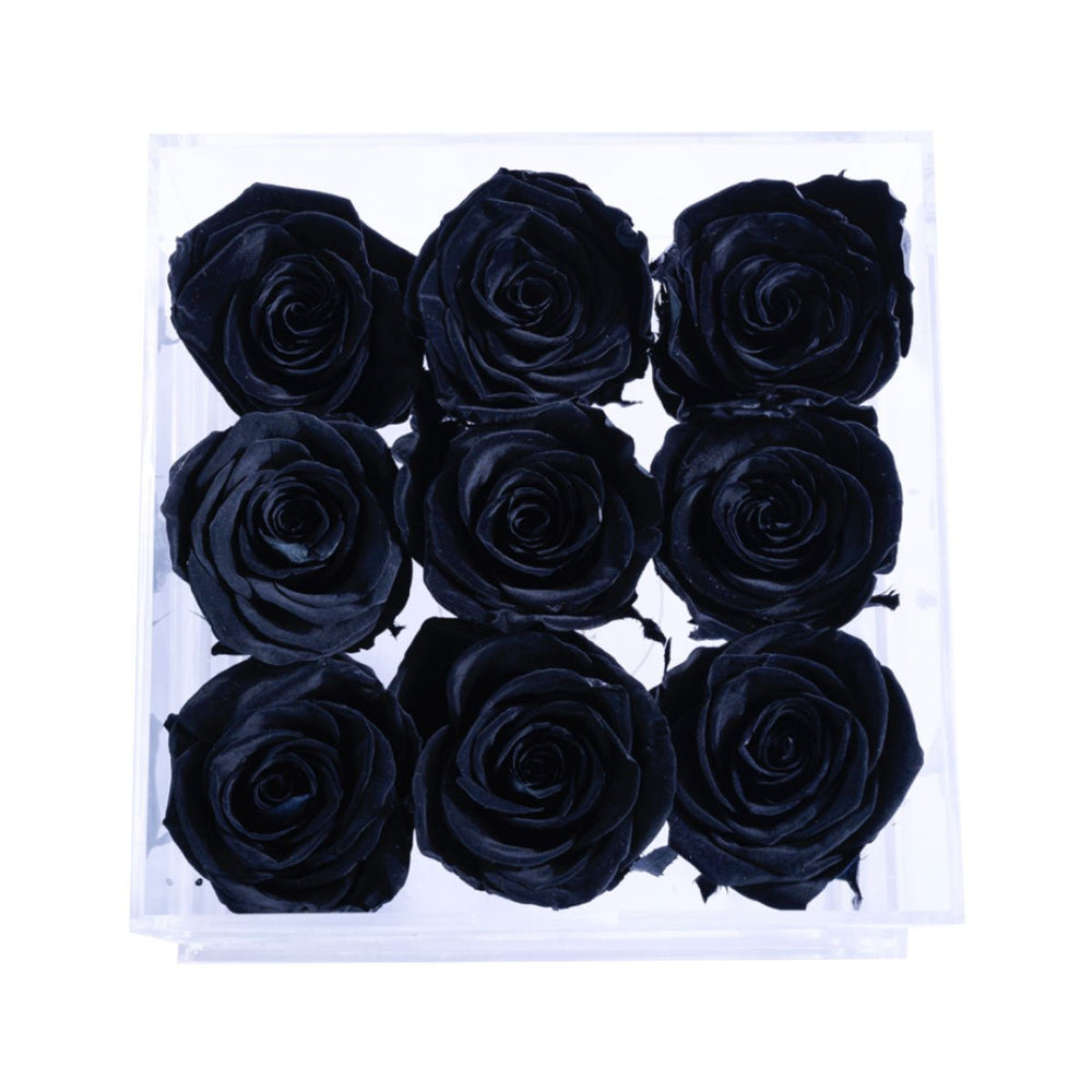 9 Black Roses - Square Crystal Box - Rose Forever