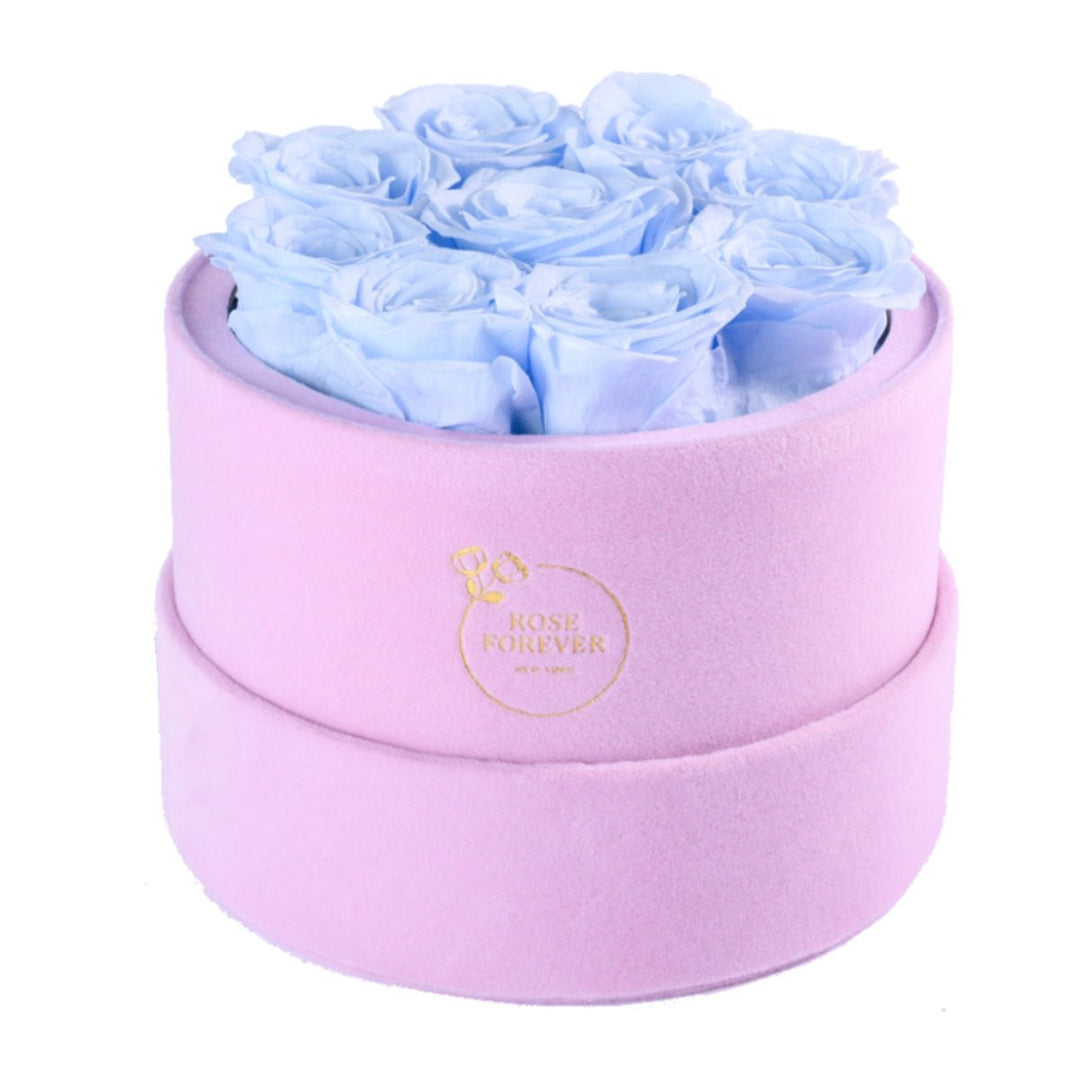 9 Blue Roses - Pink Round Suede Box - Rose Forever