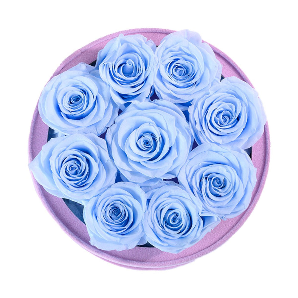 9 Blue Roses - Pink Round Suede Box - Rose Forever