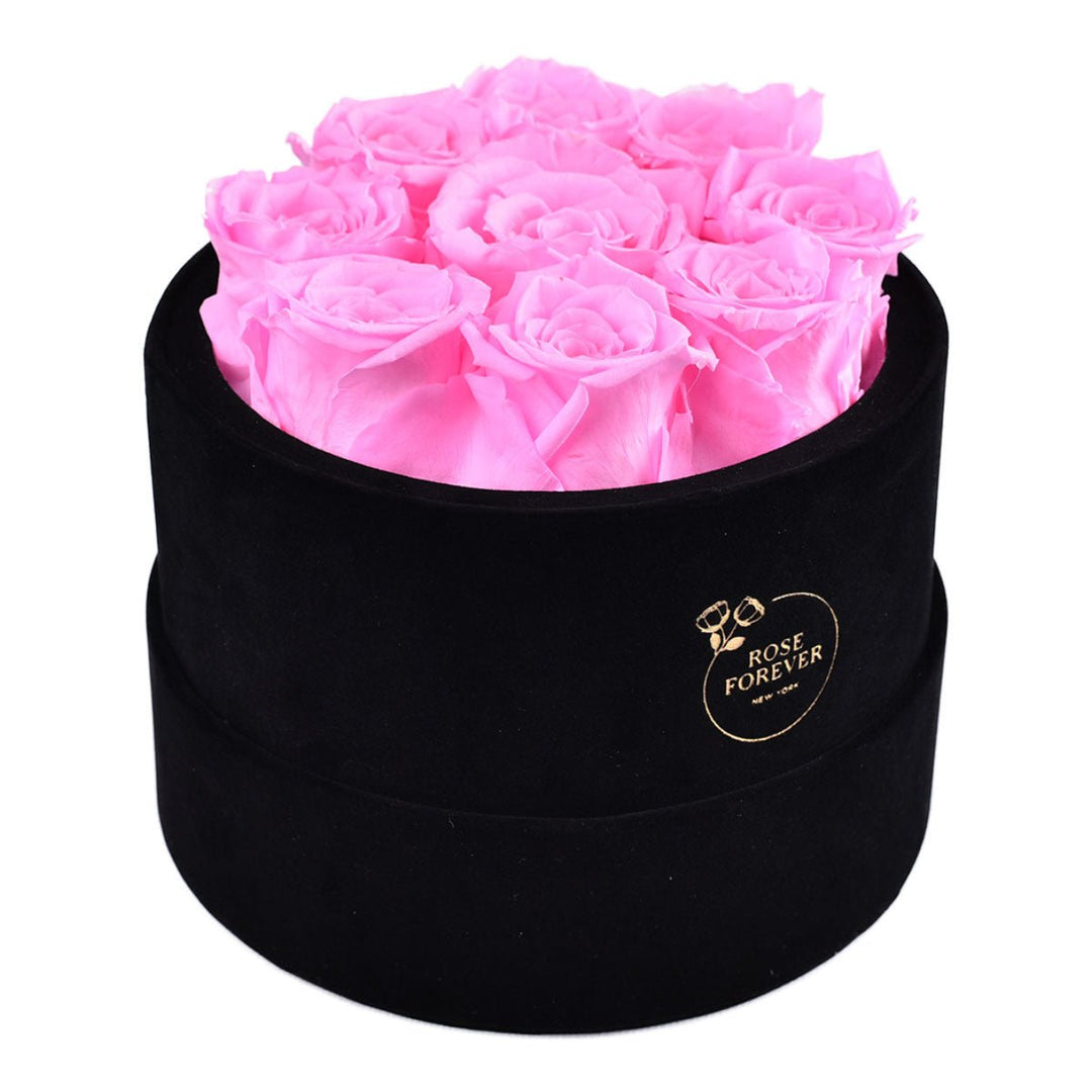 9 Fuchsia Roses - Black Round Velvet Box - Rose Forever