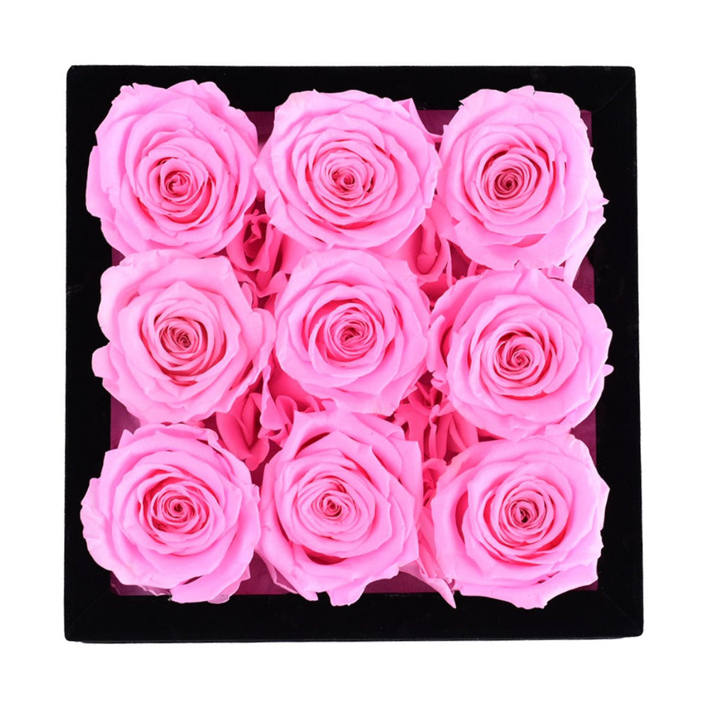 9 Fuchsia Roses - Black Square Velvet Box - Rose Forever
