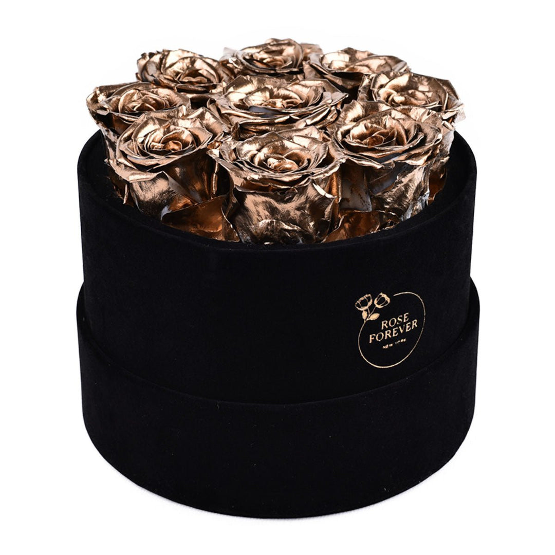 9 Gold Roses - Round Velvet Box - Rose Forever