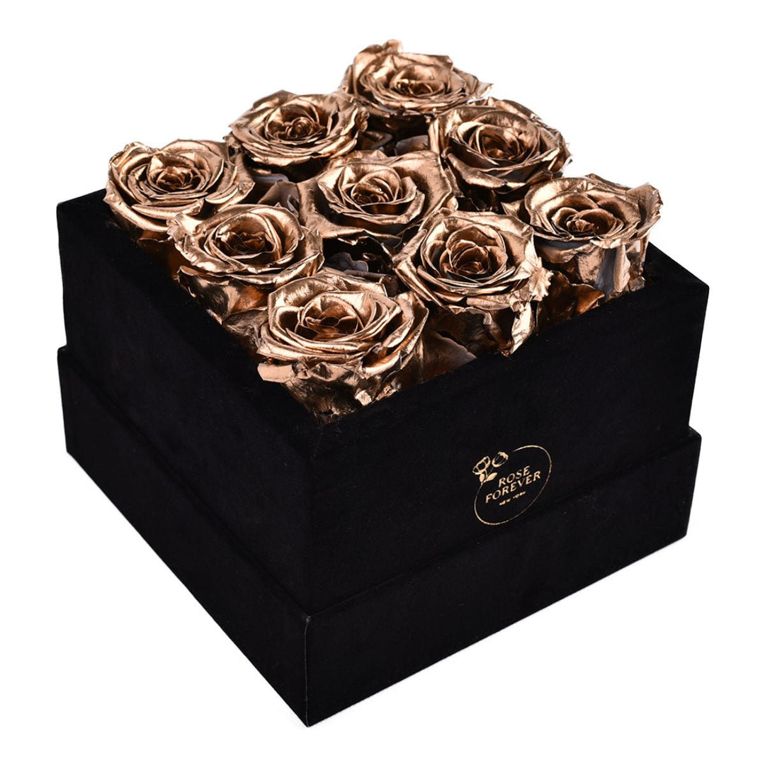 9 Gold Roses - Square Velvet Box - Rose Forever