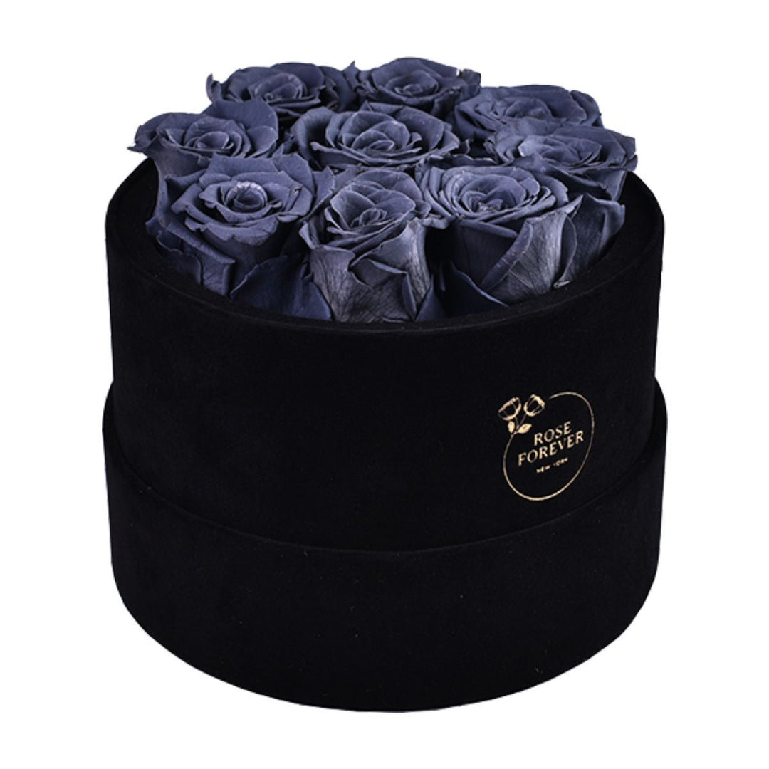 9 Grey Blue Roses - Black Round Velvet Box - Rose Forever