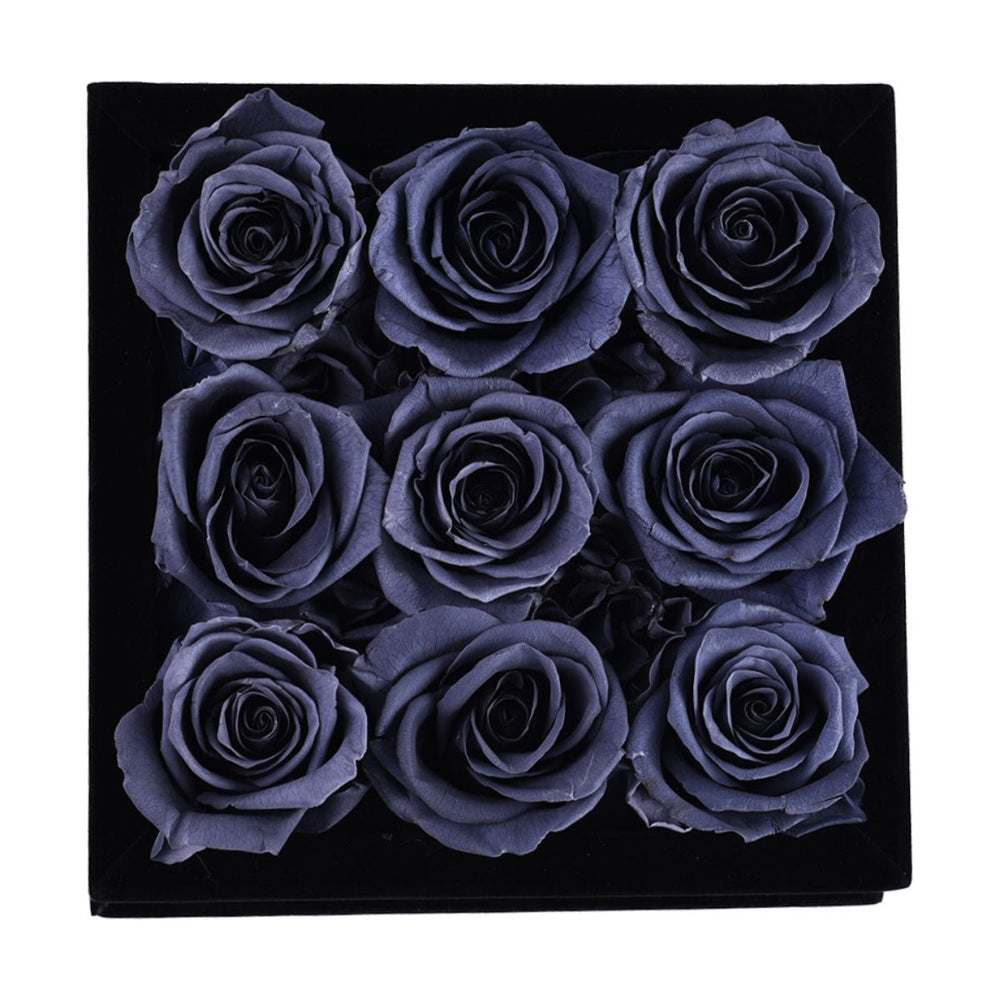 9 Grey Roses - Black Square Velvet Box - Rose Forever