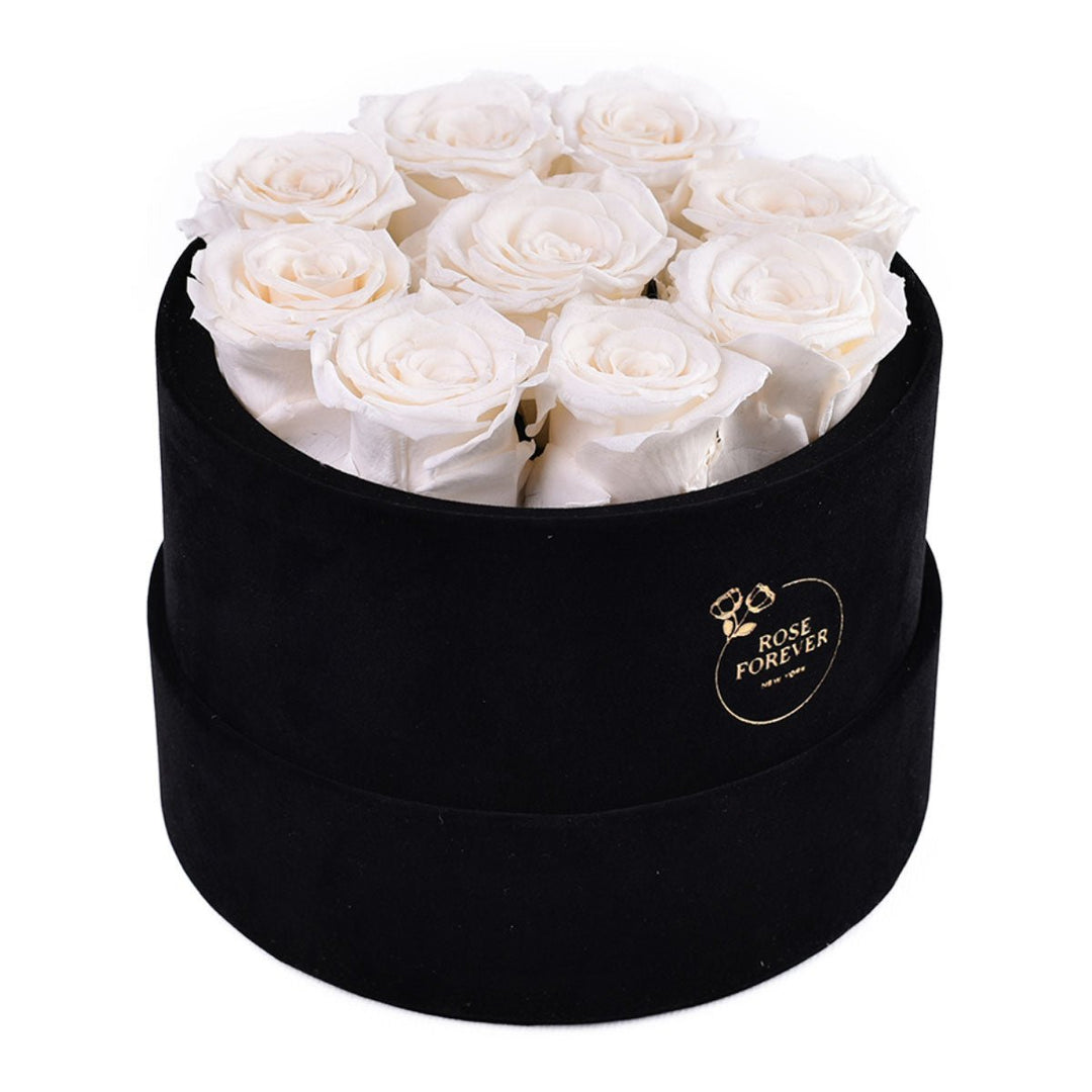 9 Ivory Roses - Black Round Velvet Box - Rose Forever