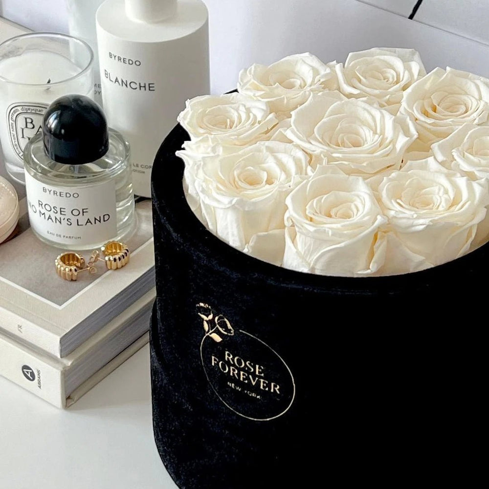 9 Ivory Roses - Black Round Velvet Box - Rose Forever