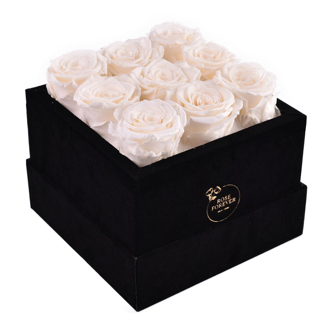 9 Ivory Roses - Black Square Velvet Box - Rose Forever