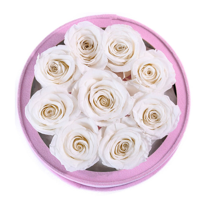9 Ivory Roses - Pink Round Suede Box - Rose Forever