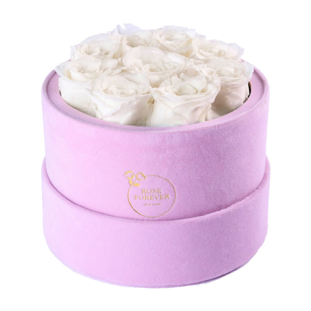 9 Ivory Roses - Pink Round Suede Box - Rose Forever