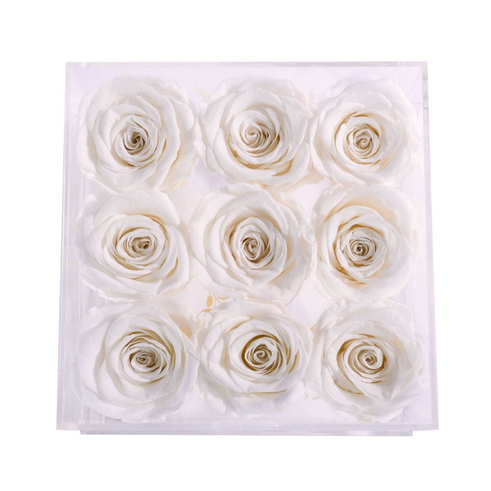 9 Ivory Roses - Square Crystal Box - Rose Forever