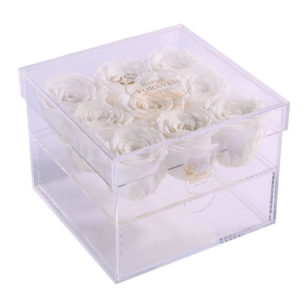 9 Ivory Roses - Square Crystal Box - Rose Forever