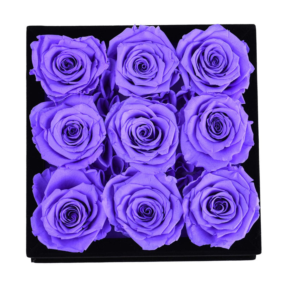 9 Lavender Roses - Black Square Velvet Box - Rose Forever