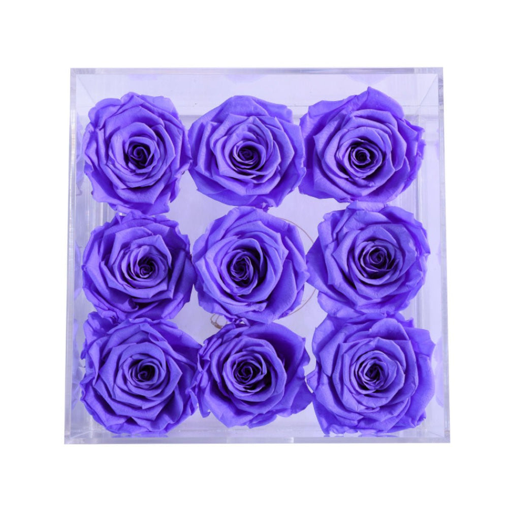 9 Lavender Roses - Square Crystal Box - Rose Forever