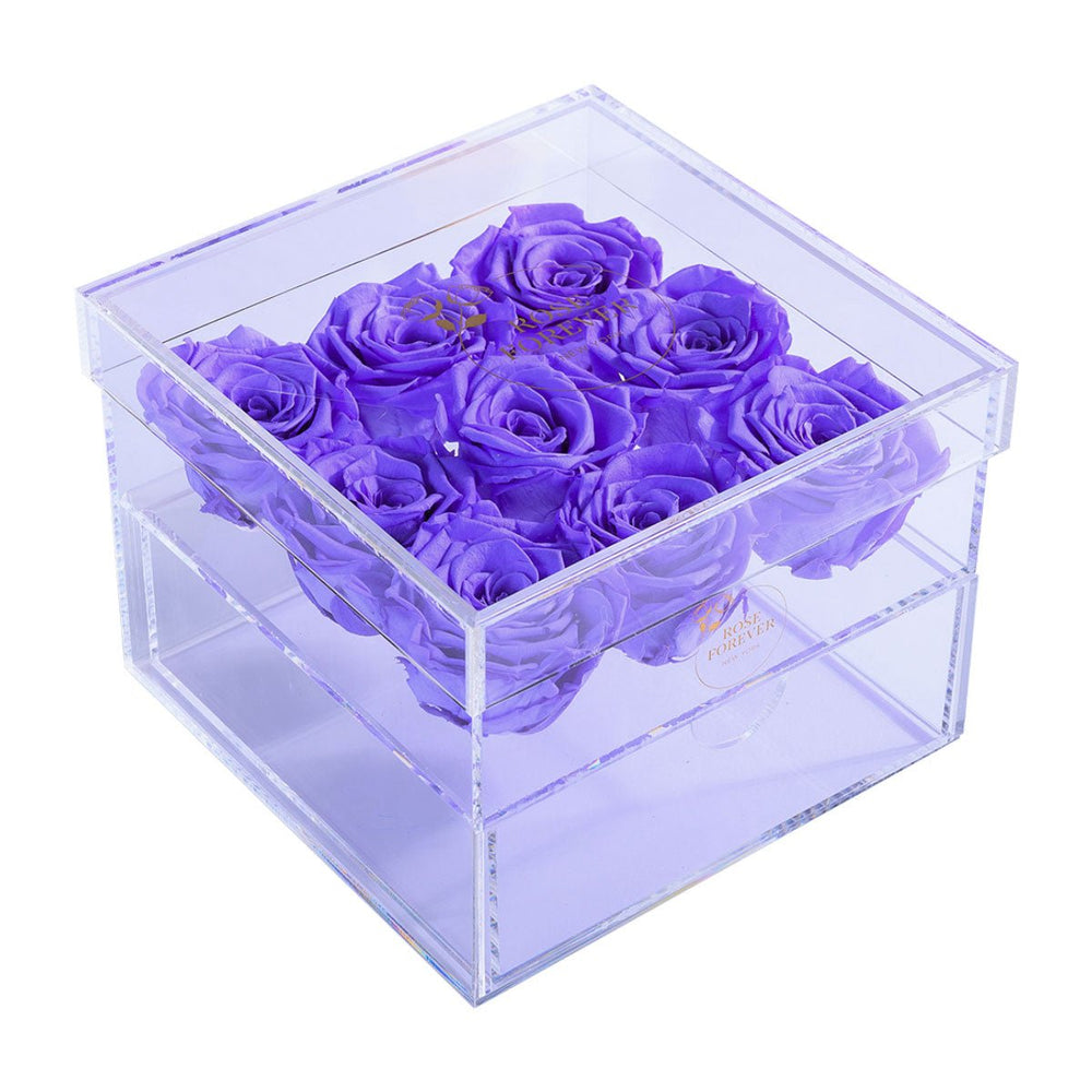 9 Lavender Roses - Square Crystal Box - Rose Forever