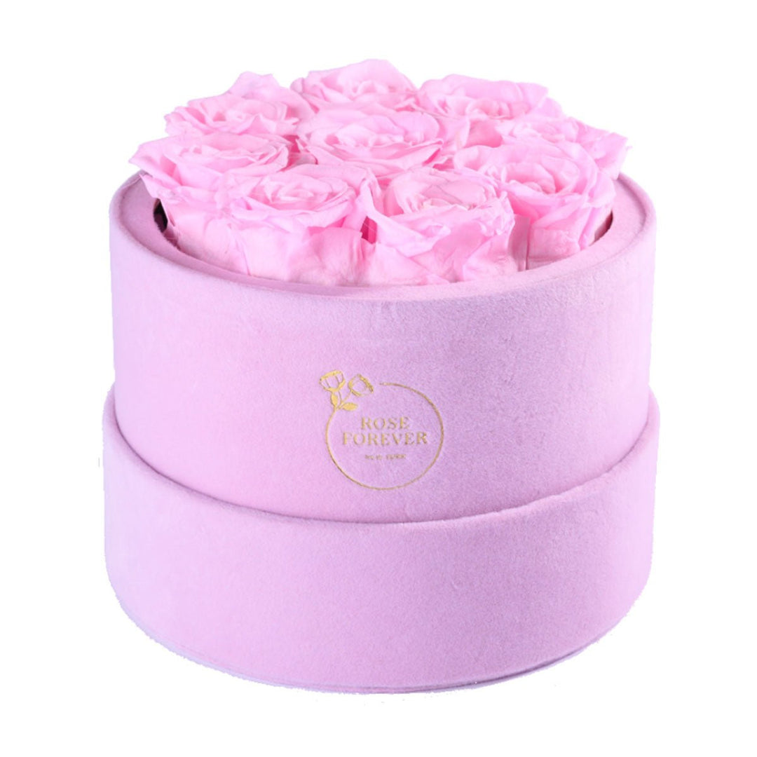 9 Light Pink Roses - Pink Round Suede Box - Rose Forever
