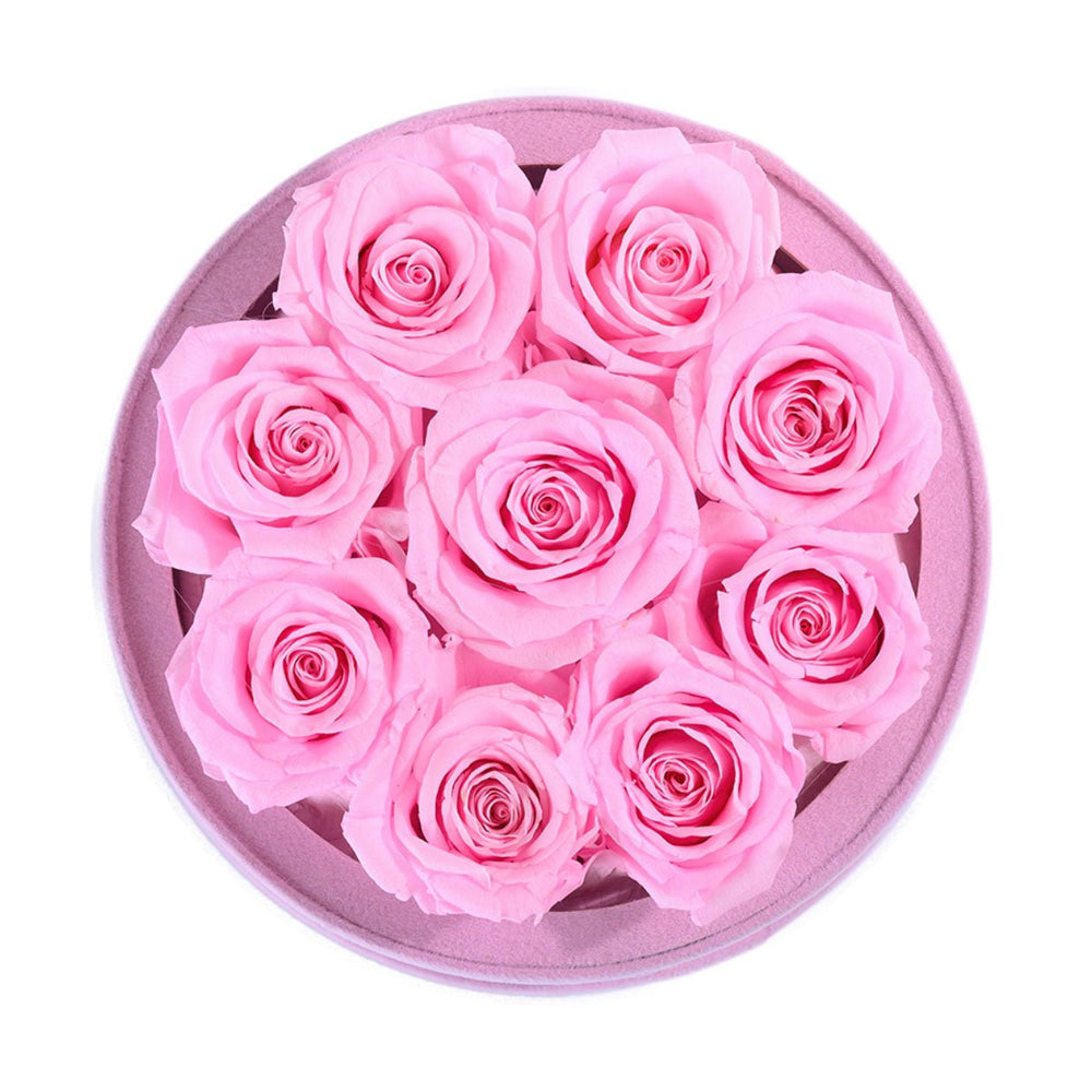 9 Light Pink Roses - Pink Round Suede Box - Rose Forever