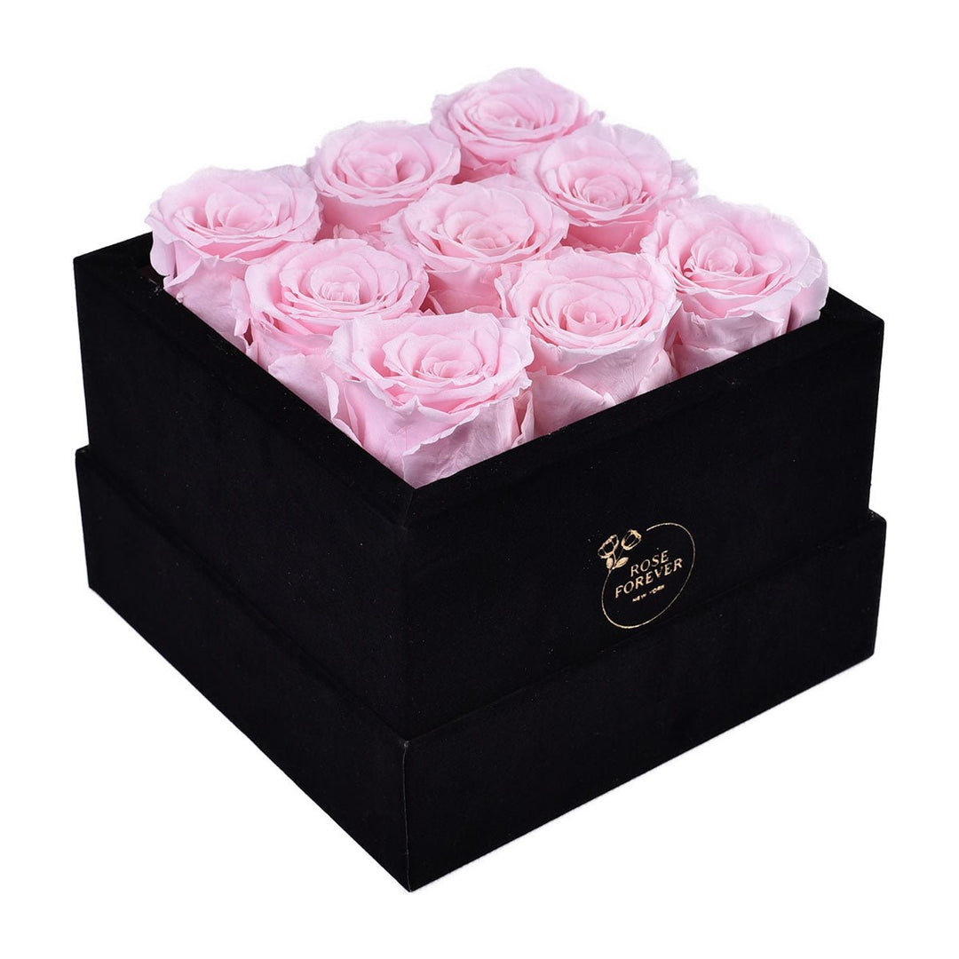 9 Light Pink Roses - Square Black Velvet Box - Rose Forever