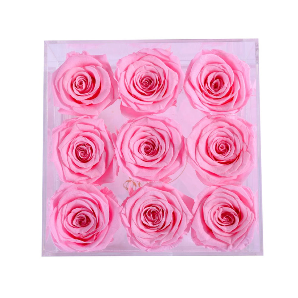 9 Light Pink Roses - Square Crystal Box - Rose Forever