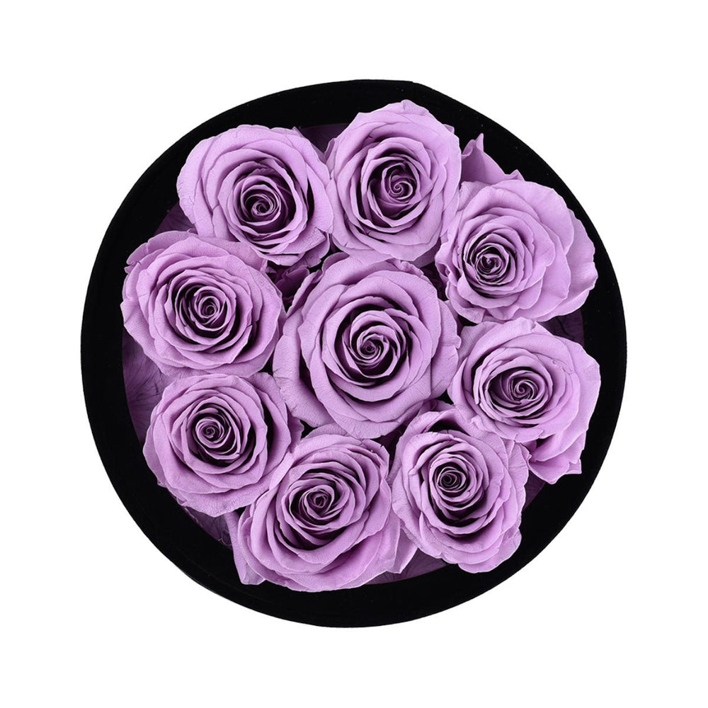 9 Lilac Roses - Black Round Velvet Box - Rose Forever