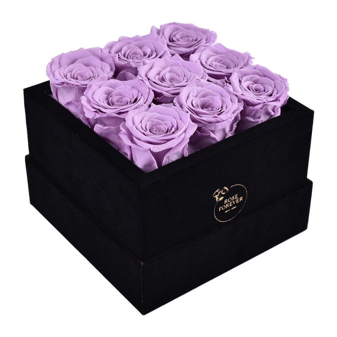 9 Lilac Roses - Black Square Velvet Box - Rose Forever