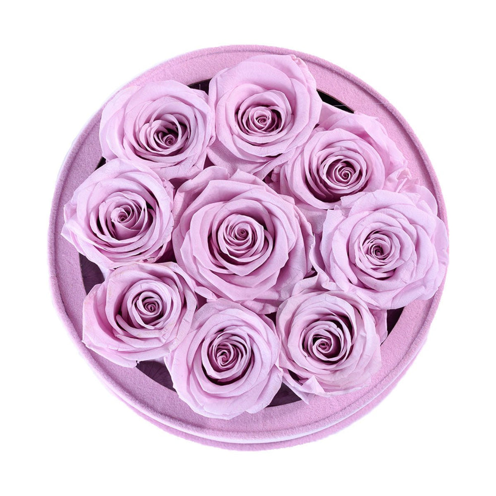9 Lilac Roses - Pink Round Suede Box - Rose Forever