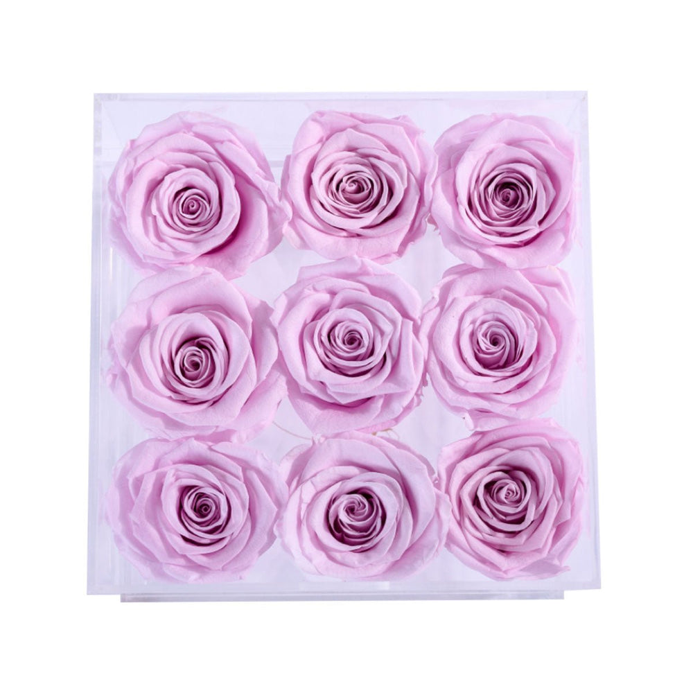 9 Lilac Roses - Square Crystal Box - Rose Forever