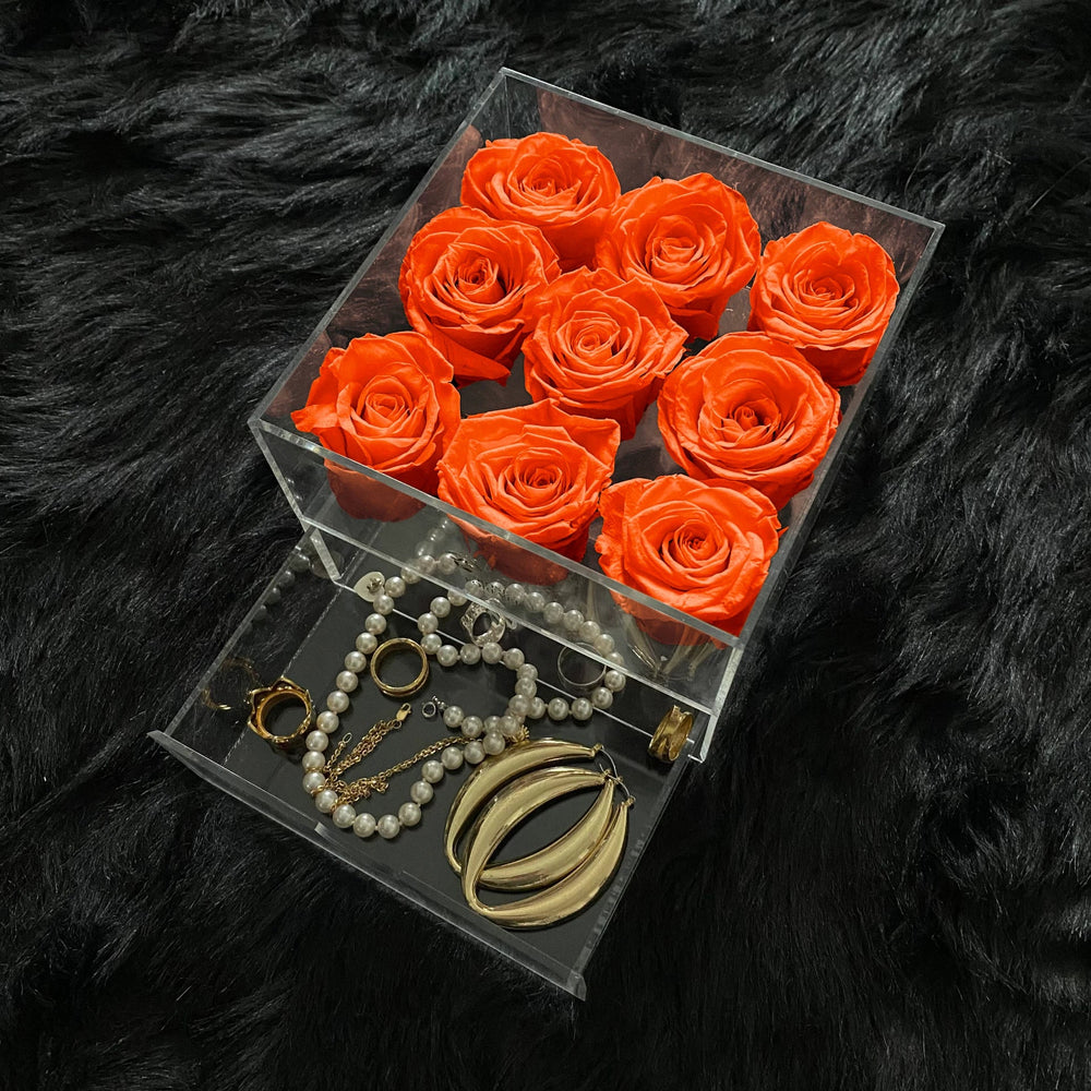 9 Orange Roses - Square Crystal Box - Rose Forever