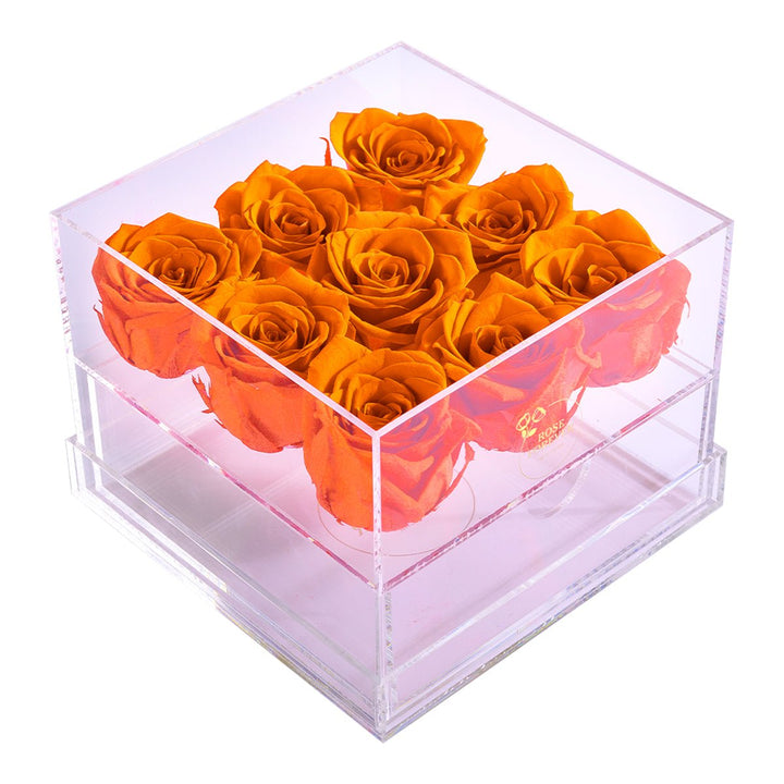 9 Orange Roses - Square Crystal Box - Rose Forever