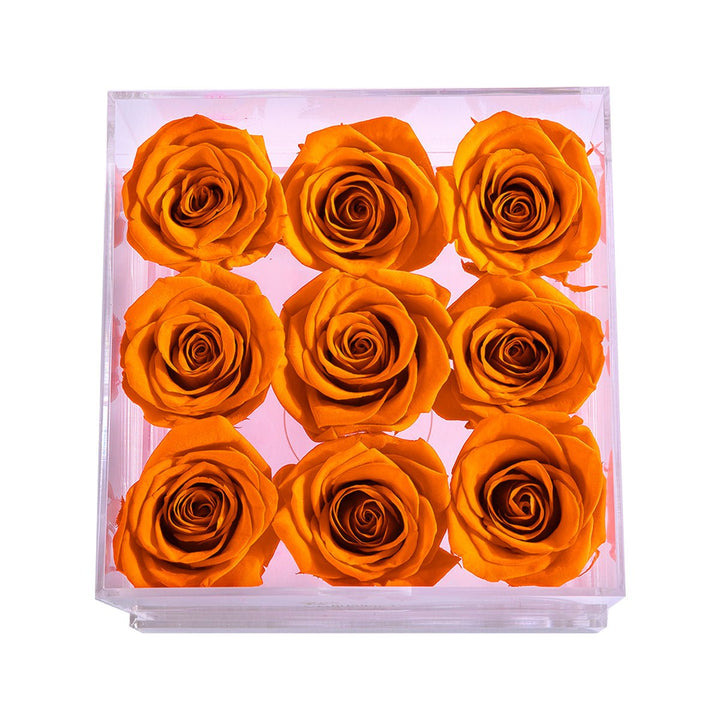 9 Orange Roses - Square Crystal Box - Rose Forever