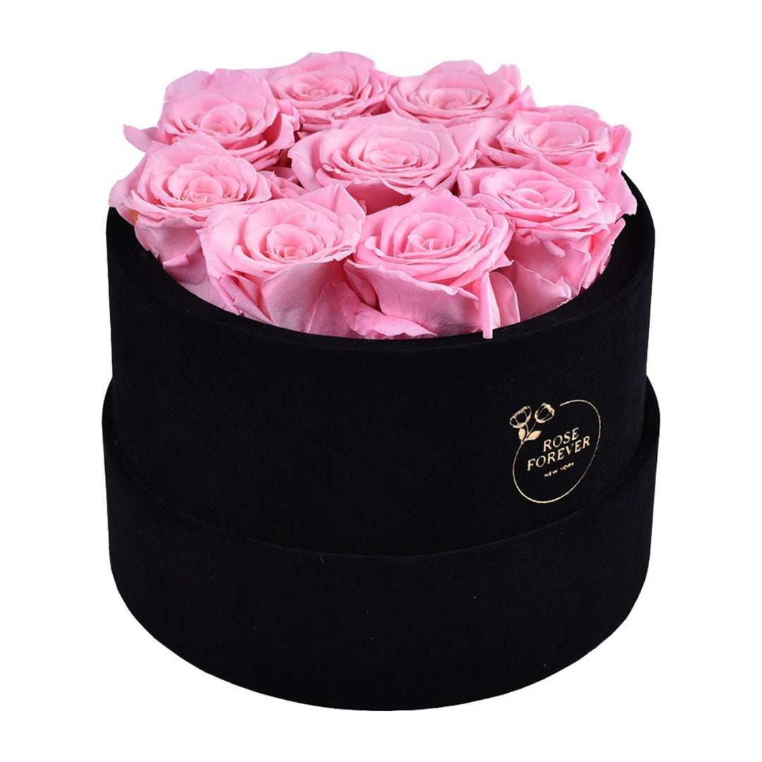 9 Pink Roses - Black Round Velvet Box - Rose Forever