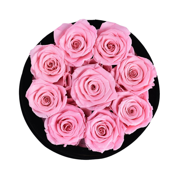 9 Pink Roses - Black Round Velvet Box - Rose Forever