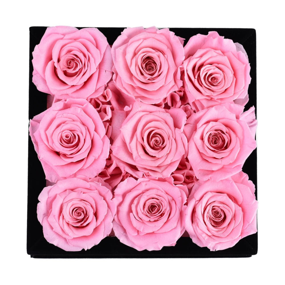 9 Pink Roses - Black Square Velvet Box - Rose Forever