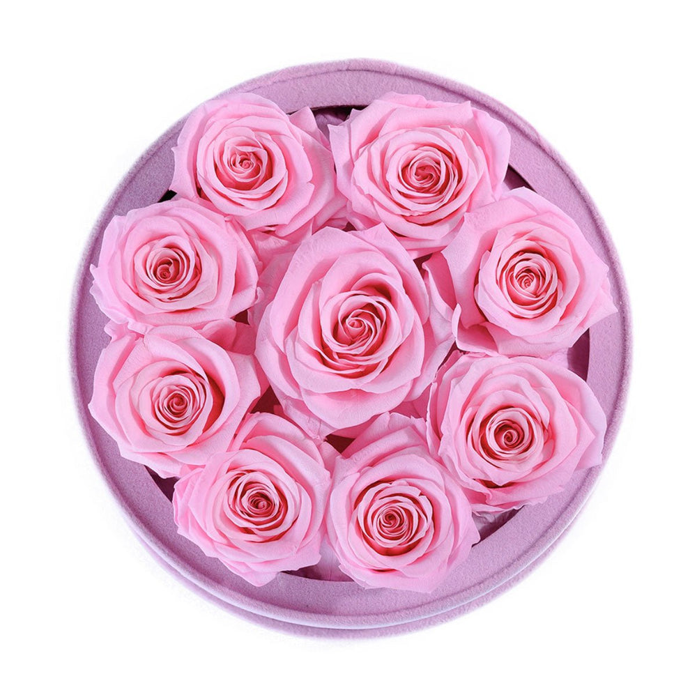 9 Pink Roses - Pink Round Suede Box - Rose Forever