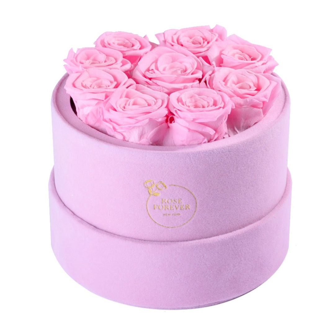 9 Pink Roses - Pink Round Suede Box - Rose Forever