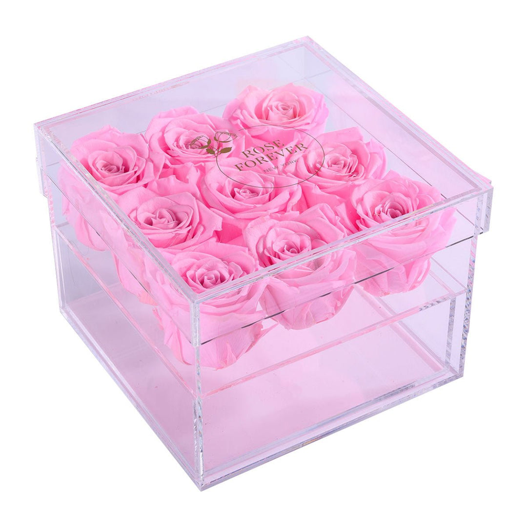 9 Pink Roses - Square Crystal Box - Rose Forever