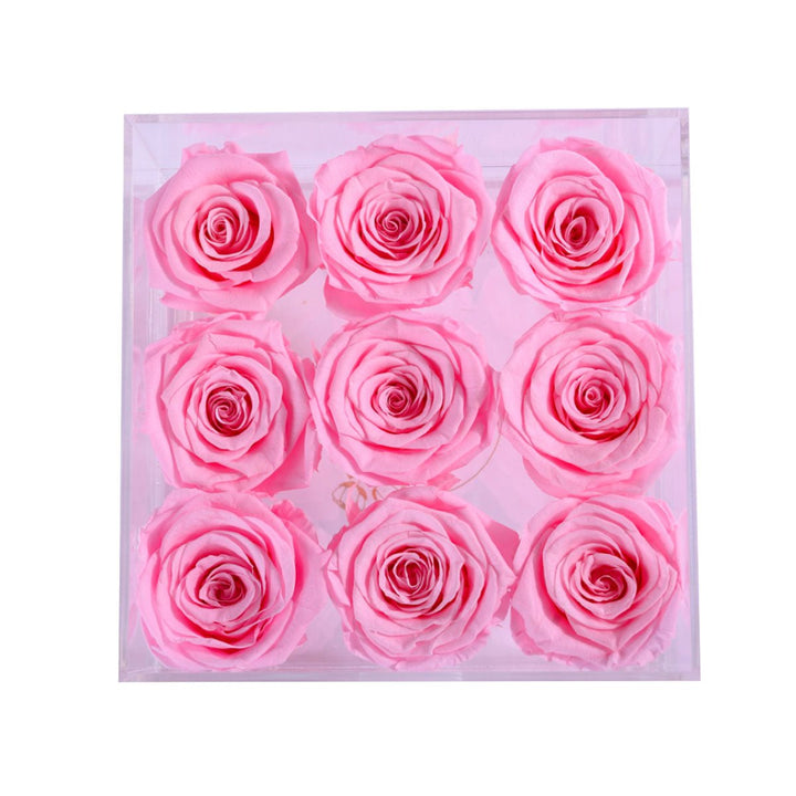 9 Pink Roses - Square Crystal Box - Rose Forever