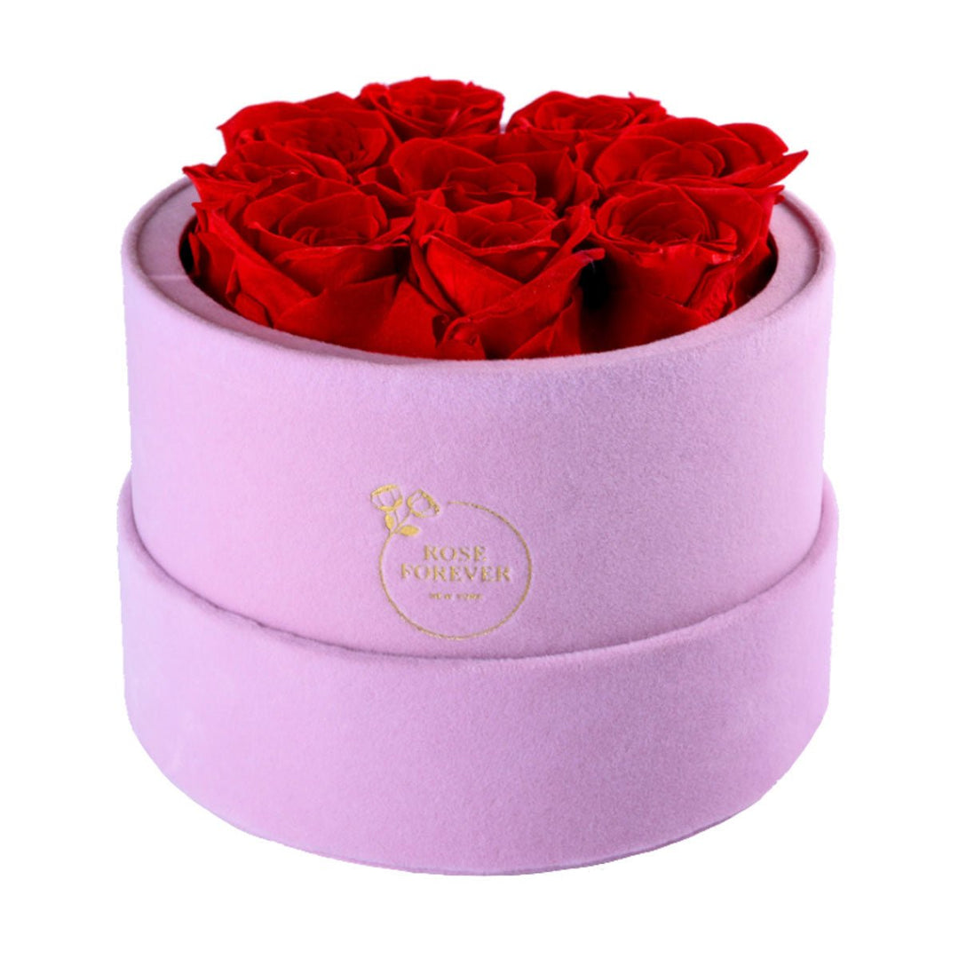 9 Red Roses - Pink Round Suede Box - Rose Forever