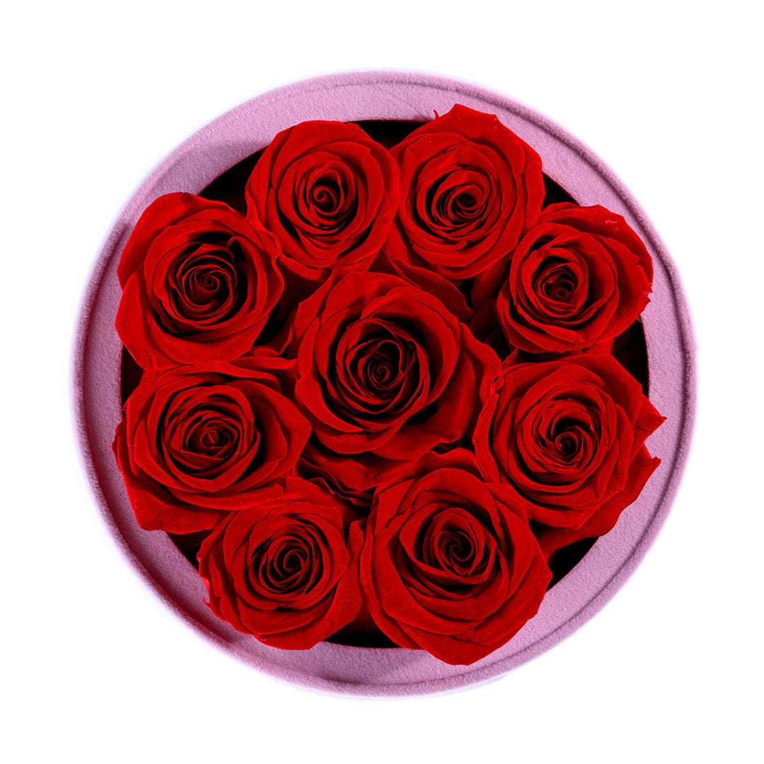 9 Red Roses - Pink Round Suede Box - Rose Forever