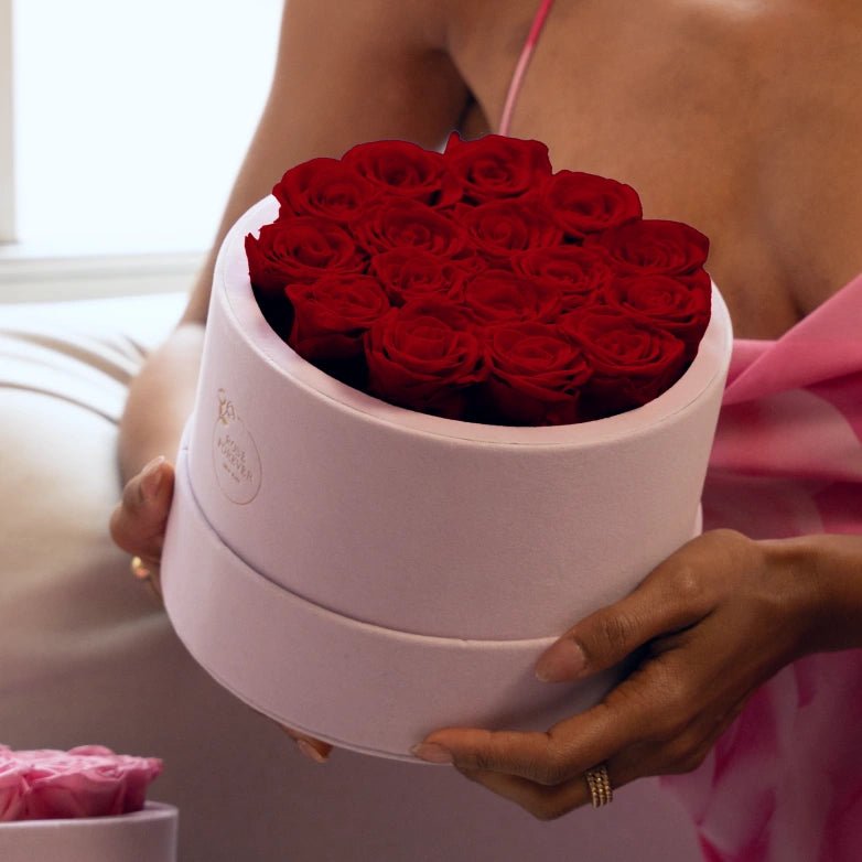 9 Red Roses - Pink Round Suede Box - Rose Forever