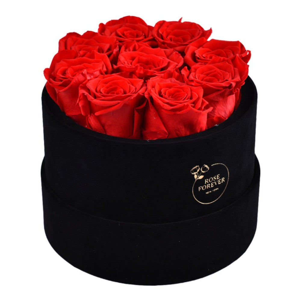 9 Red Roses - Round Black Velvet Box - Rose Forever