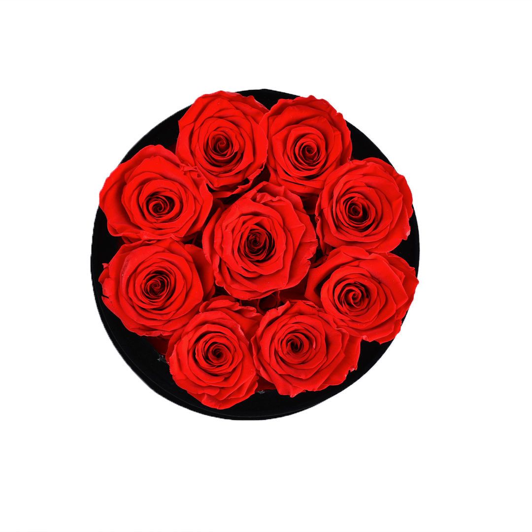 9 Red Roses - Round Black Velvet Box - Rose Forever