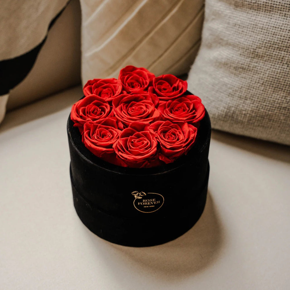 9 Red Roses - Round Black Velvet Box - Rose Forever