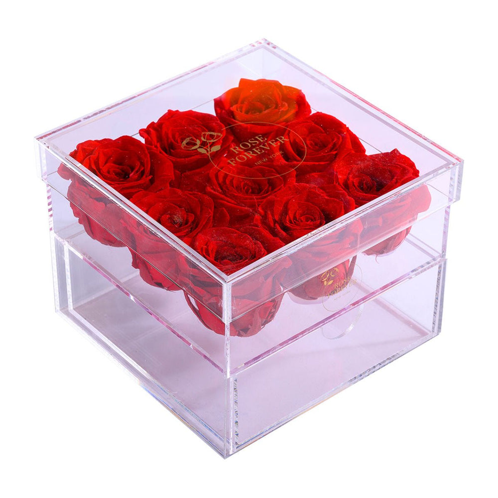 9 Red Roses - Square Crystal Box - Rose Forever