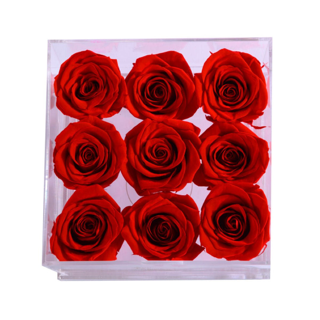 9 Red Roses - Square Crystal Box - Rose Forever