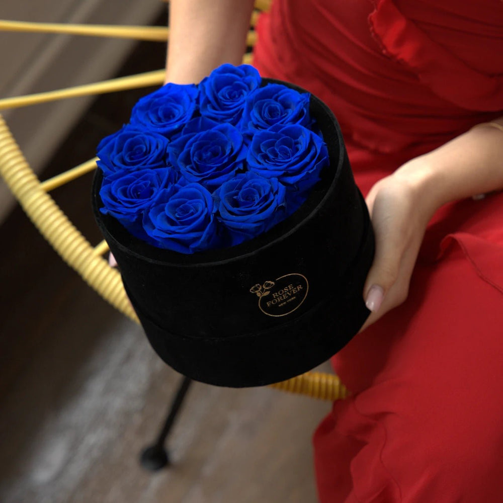 9 Royal Blue Roses - Black Round Velvet Box - Rose Forever