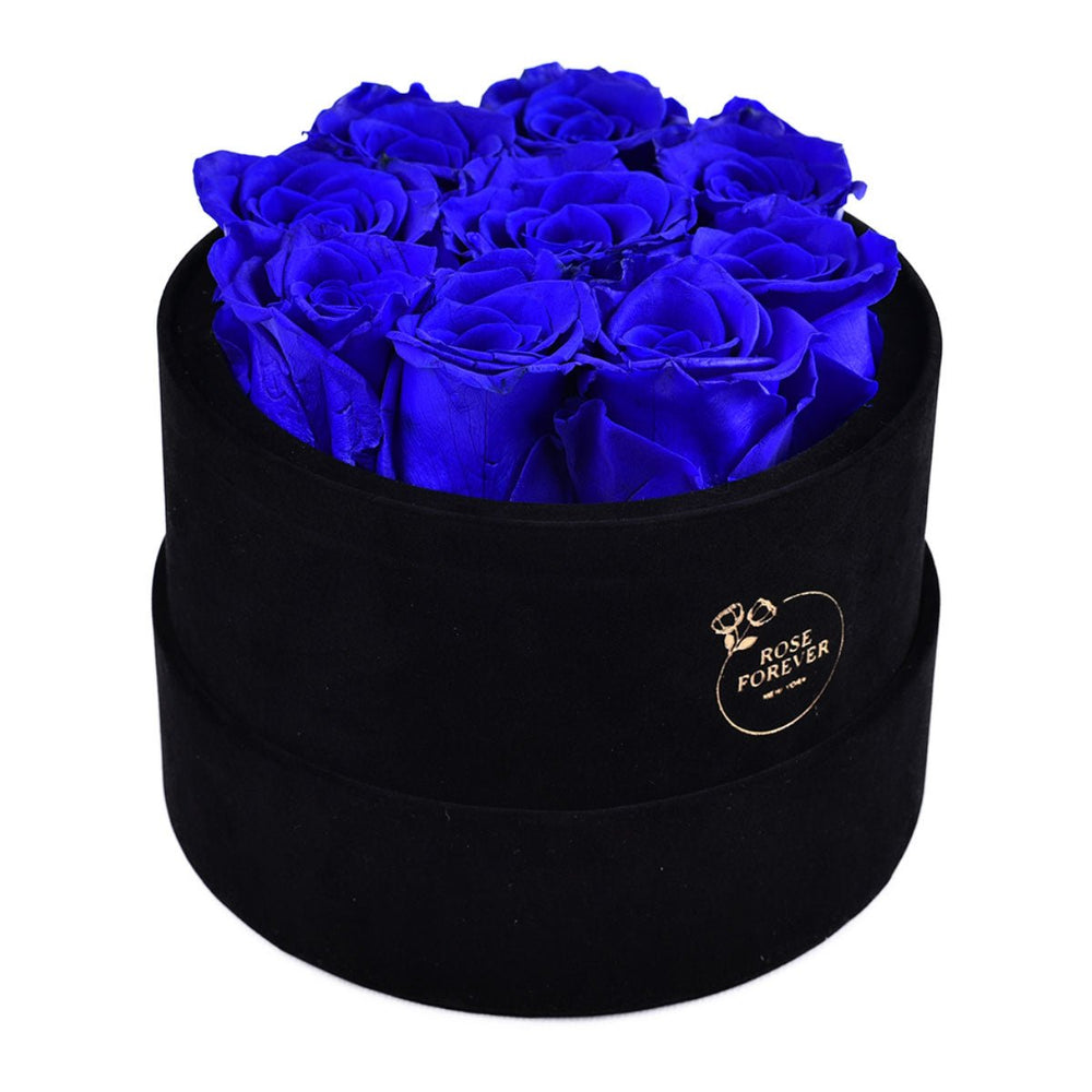 9 Royal Blue Roses - Black Round Velvet Box - Rose Forever